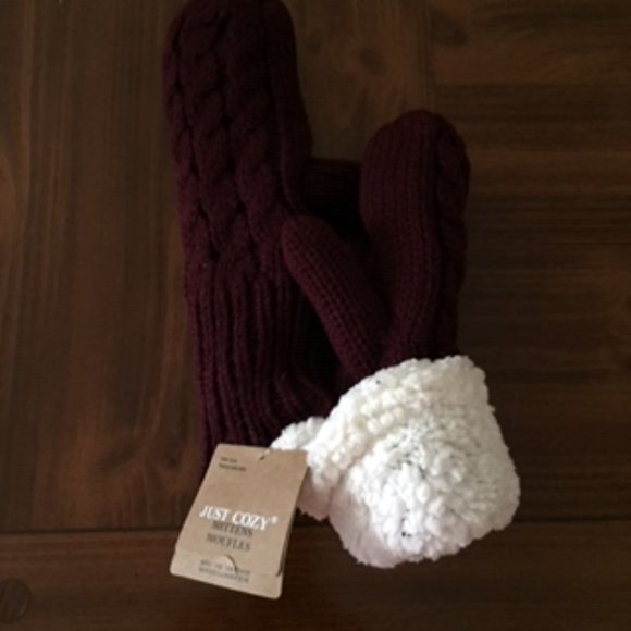 JUST COZY MITTENS.  ONE SIZE FITS.  COLOR:  BURGUNDY/WINE RED - Picture 2 of 2